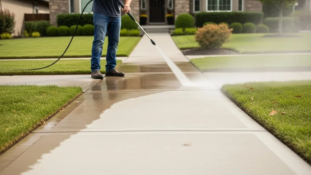 Our crew member pressure washing a driveway in knoxville